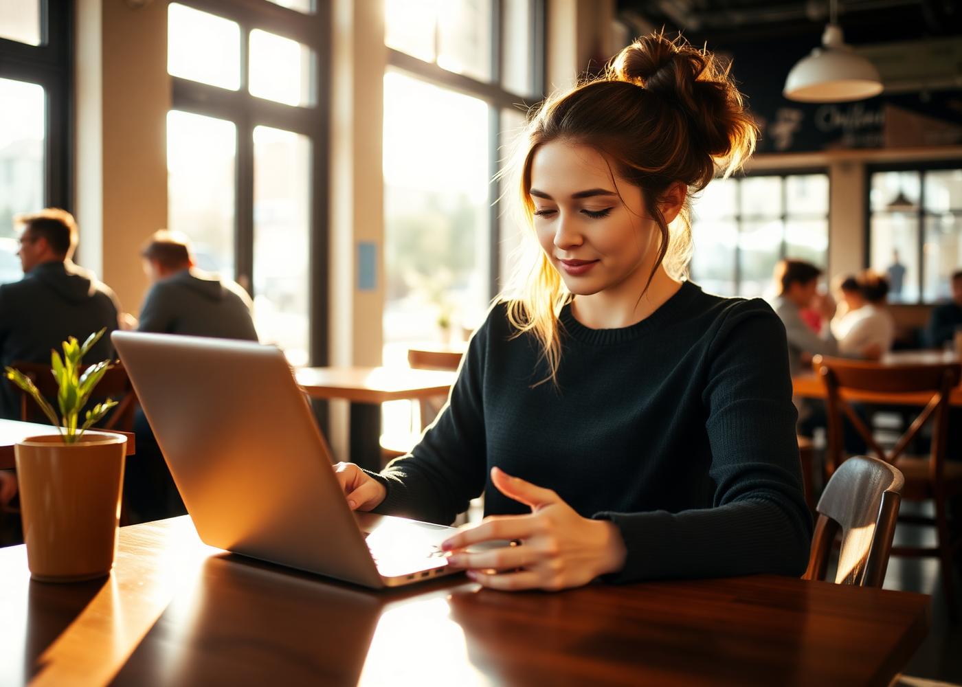 A remote worker in a sunlit cafe